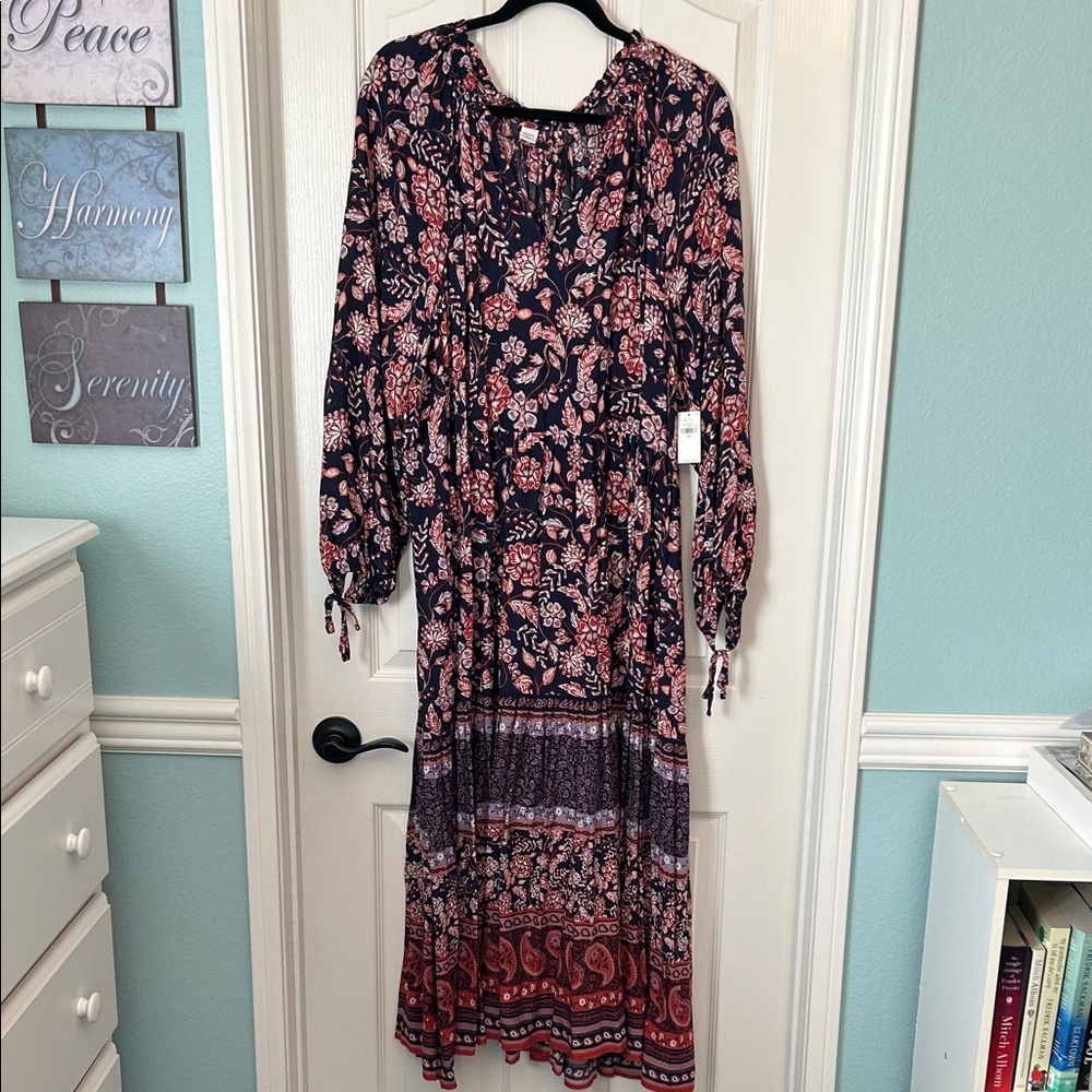 Brand New!! Old Navy Long Sleeve Floral Dress - dark blue with reddish orange.